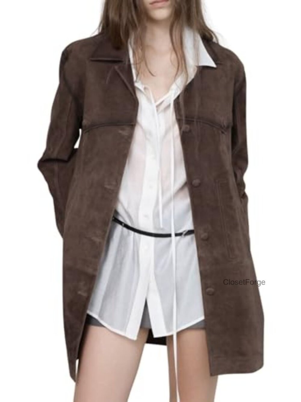 Faux Suede Leather Shacket Mid Long Button Down Jacket Coat